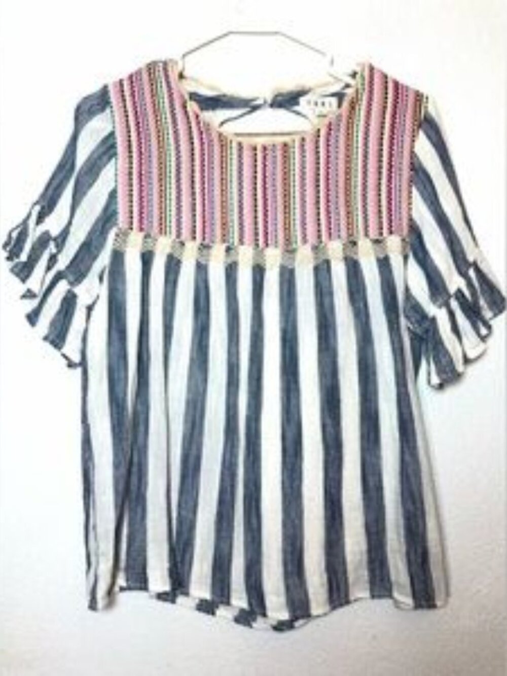 Navy & White Striped blouse with Pink Embroidered Yoke